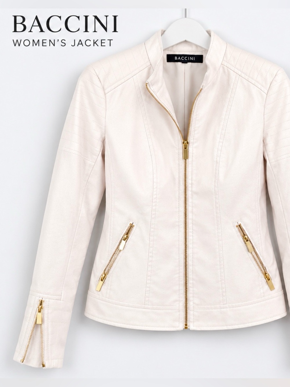 Baccini Faux Leather White Ivory Moto Cropped Jacket, Feels Real, Size Small